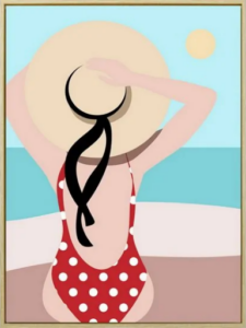 Cuadro de una chica enfrente de una playa. La chica tiene un bañador rojo con lunares blancos y tiene puesto un apamela con una cinta negra.